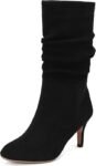 Women Suede Slouch Boots – Mid Calf Kitten Heel, Soft Fur Lining, Pull-On Winter Fashion Boots