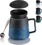 PluieSoleil Tea Infuser Mug with Lid Porcelain Tea Mug Loose Leaf Tea Cup Handmade for Tea Lovers Navy B