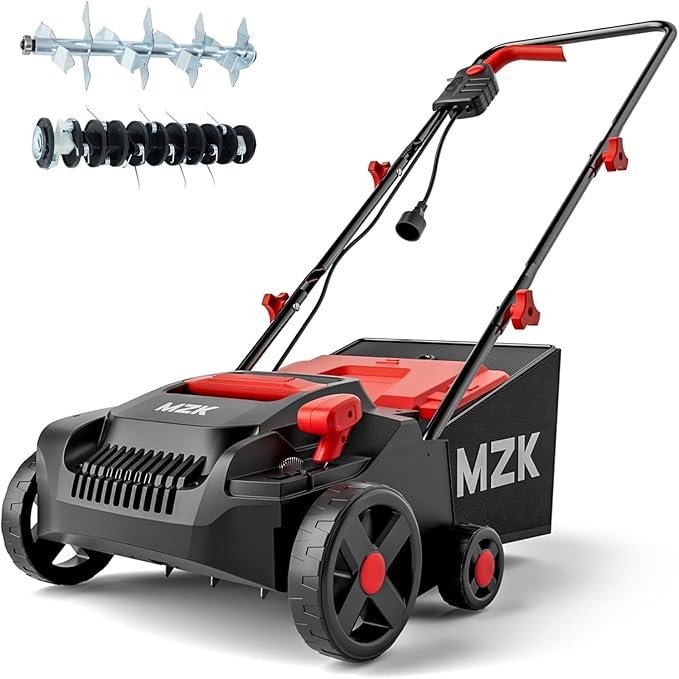 MZK 33cm Electric Lawn Scarifier & Aerator 2-in-1, 13 Amp Powerful Motor, 4 Adjustable Depth Settings, Lightweight Design with 30L Grass Collection Bag for Small to Medium Lawn