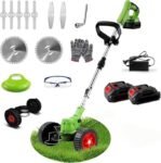 Cordless Garden Strimmers,Electric Cordless 21v Grass Strimmer with 2 X 2000mAh Battery, Adjustable Metal Blades,Garden Trimmer Telescopic Lightweight with Roller for Gardens,Park Lawns (Green)