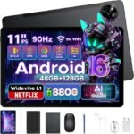 P11 11 Inch Tablet, Android 16 Tablet with Gemini AI, 48GB RAM+128GB ROM/TF 2TB, Octa Core T7250, 90Hz Display 8800mAh Tablets with Keyboard, Pen, 13MP+5MP, 3.5mm Headphone, 5G WIFI, OTG, Blac