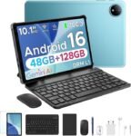 P10 10.1 Inch Android 16 Tablet with Keyboard & Pen, 48GB RAM + 128GB ROM, 7000mAh Battery, 90Hz Display, Gemini AI, Unisoc T310, Dual Speakers, WiFi Tablet with Case, Blue