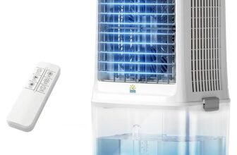 25L Evaporative Air Cooler Fan – 80W Portable Air Conditioner 2000 CFM, 80° Oscillation, 4 Ice Packs, Remote Control, 12H Timer, for Home & Office