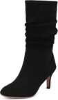 Women Suede Slouch Boots – Mid Calf Kitten Heel, Soft Fur Lining, Pull-On Winter Fashion Boots