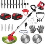 Cordless Garden Strimmers,Electric Cordless 48v Grass Strimmer with 2 X 2000mAh Battery, Adjustable Metal Blades,Garden Trimmer Telescopic Lightweight with Roller, 850W, for Gardens,Park Lawns (Red)