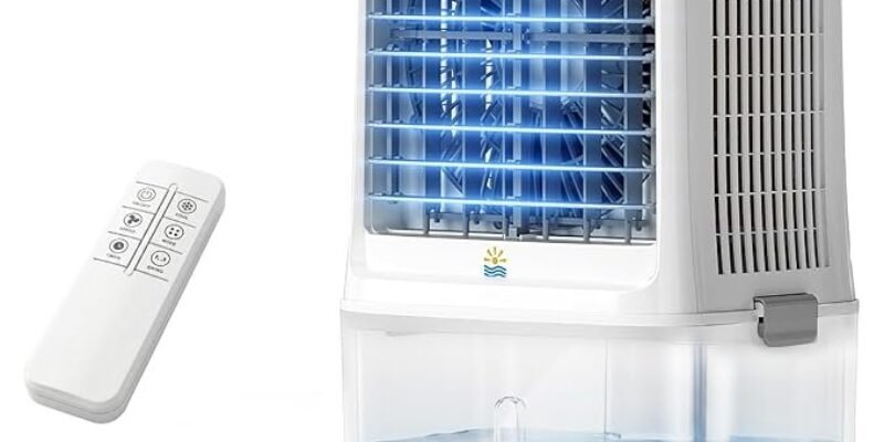 25L Evaporative Air Cooler Fan – 80W Portable Air Conditioner 2000 CFM, 80° Oscillation, 4 Ice Packs, Remote Control, 12H Timer, for Home & Office
