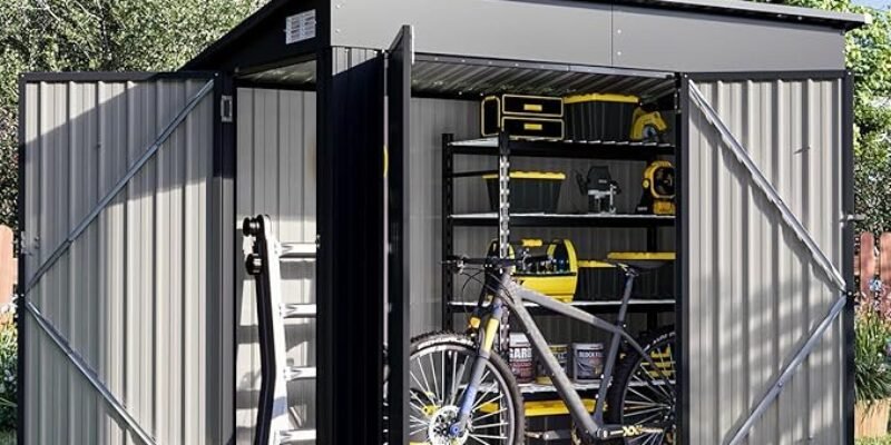 Aoxun 8 x 4ft Outdoor Storage Shed, Waterproof Metal Garden Storage Shed with Triple Lockable Door, Bike Storage Shed for Tools, Garden Equipment, Backyard & Courtyard